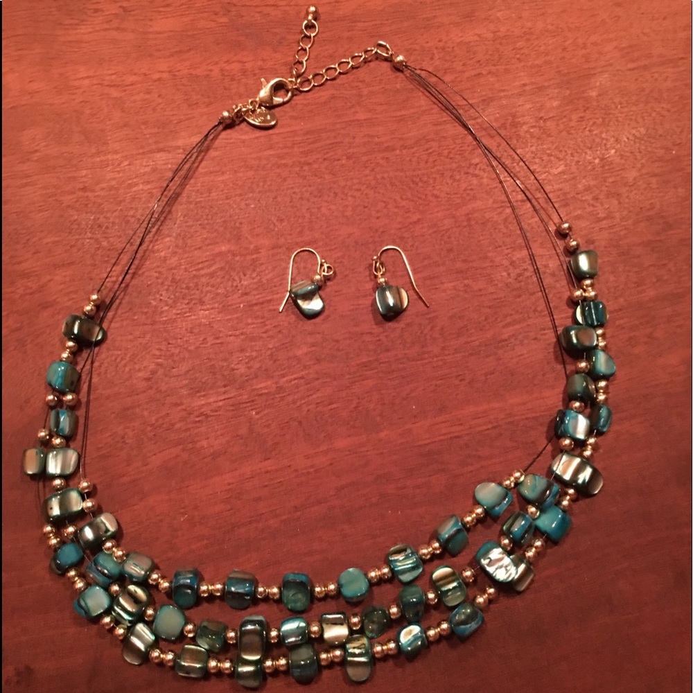 Charming Charlie dark green/blue triple necklace with matching earrings